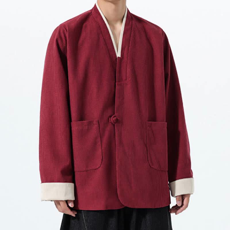 Buddha Stones Chaqueta de hombre de estilo casual otoñal con cuello en V, botones de rana y bolsillos. - image 2