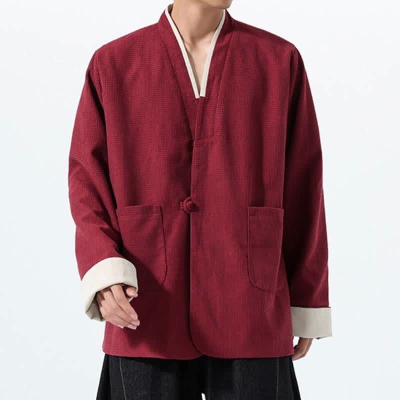 Buddha Stones Chaqueta de hombre de estilo casual otoñal con cuello en V, botones de rana y bolsillos. - image 4