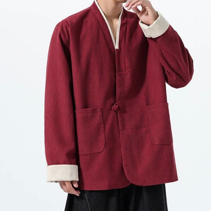 Buddha Stones Chaqueta de hombre de estilo casual otoñal con cuello en V, botones de rana y bolsillos. - image 5