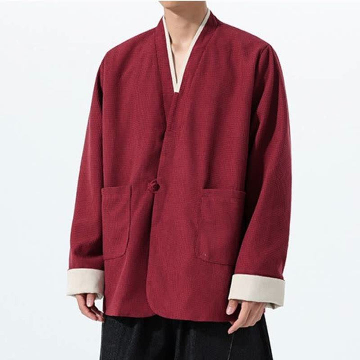 Buddha Stones Chaqueta de hombre de estilo casual otoñal con cuello en V, botones de rana y bolsillos. - image 3
