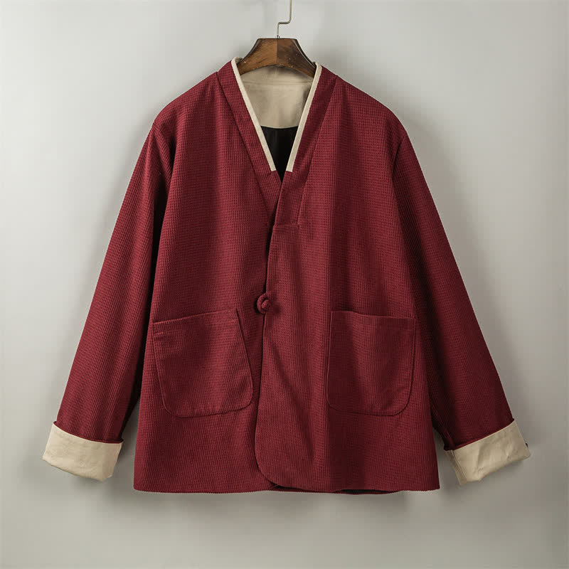 Buddha Stones Chaqueta de hombre de estilo casual otoñal con cuello en V, botones de rana y bolsillos. - image 7
