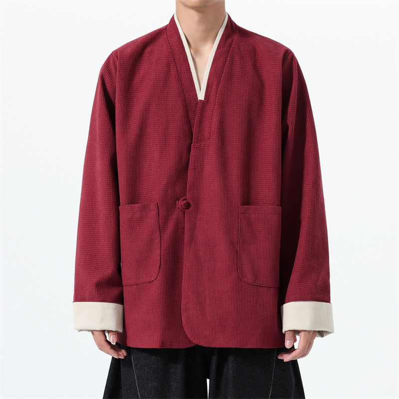 Buddha Stones Chaqueta de hombre de estilo casual otoñal con cuello en V, botones de rana y bolsillos. - Granate - US/UK/AU46, EU56 (5XL) - image 0