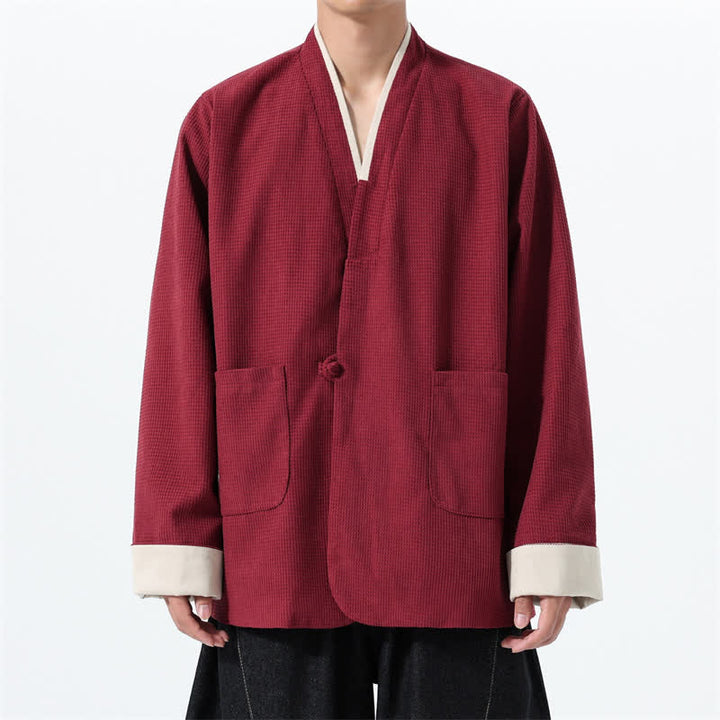 Buddha Stones Chaqueta de hombre de estilo casual otoñal con cuello en V, botones de rana y bolsillos. - Granate - US/UK/AU46, EU56 (5XL) - image 0