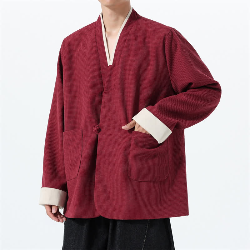 Buddha Stones Chaqueta de hombre de estilo casual otoñal con cuello en V, botones de rana y bolsillos. - image 6