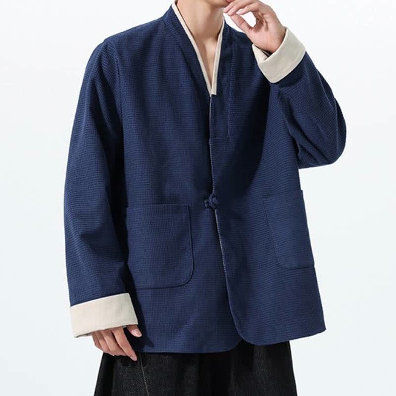 Buddha Stones Chaqueta de hombre de estilo casual otoñal con cuello en V, botones de rana y bolsillos. - image 14