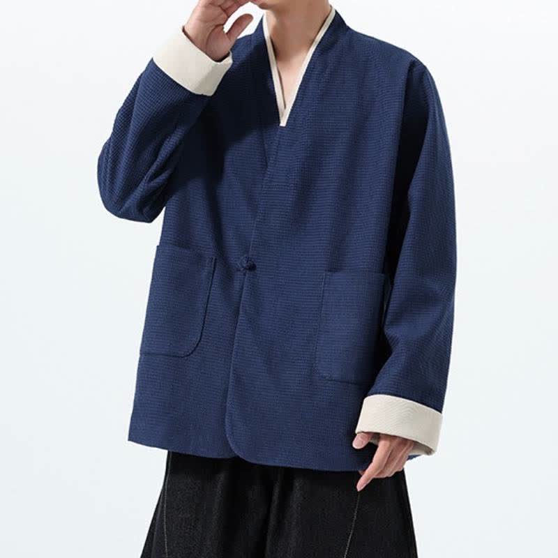 Buddha Stones Chaqueta de hombre de estilo casual otoñal con cuello en V, botones de rana y bolsillos. - image 9