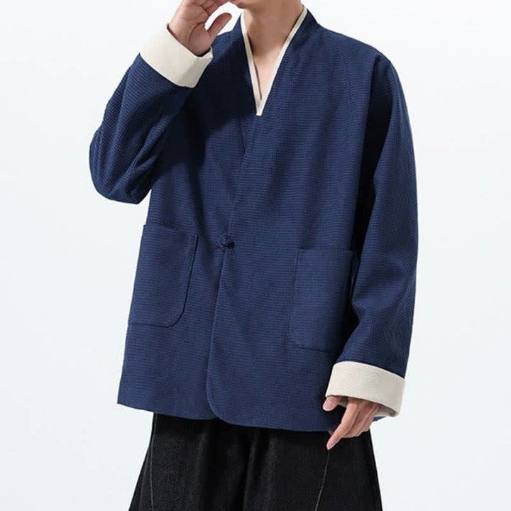 Buddha Stones Chaqueta de hombre de estilo casual otoñal con cuello en V, botones de rana y bolsillos. - image 9