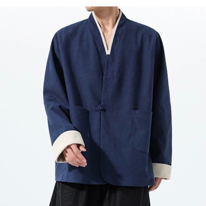 Buddha Stones Chaqueta de hombre de estilo casual otoñal con cuello en V, botones de rana y bolsillos. - image 10