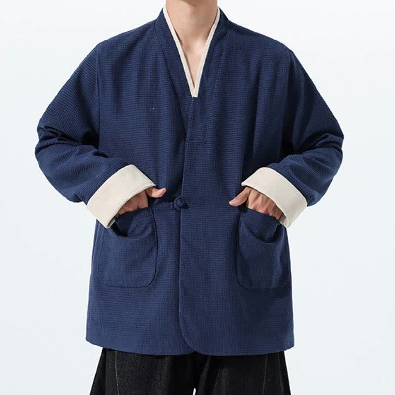 Buddha Stones Chaqueta de hombre de estilo casual otoñal con cuello en V, botones de rana y bolsillos. - image 11