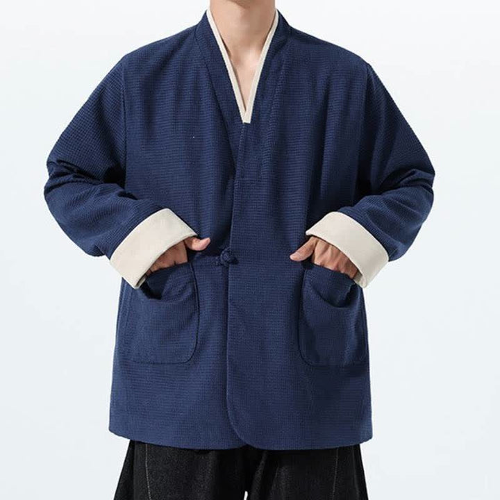 Buddha Stones Chaqueta de hombre de estilo casual otoñal con cuello en V, botones de rana y bolsillos. - image 11