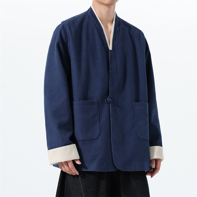 Buddha Stones Chaqueta de hombre de estilo casual otoñal con cuello en V, botones de rana y bolsillos. - image 12