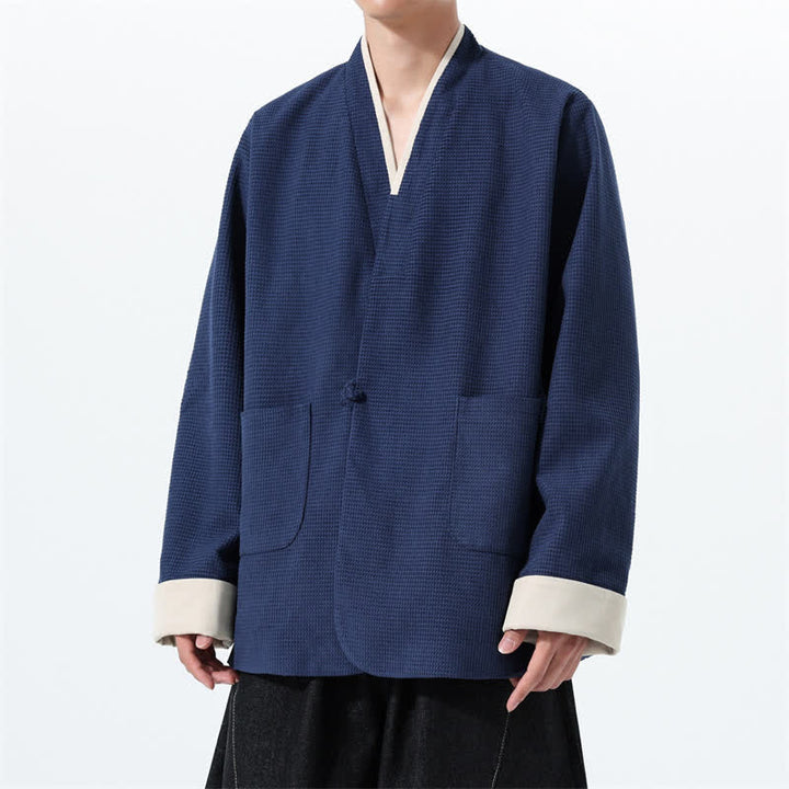 Buddha Stones Chaqueta de hombre de estilo casual otoñal con cuello en V, botones de rana y bolsillos. - image 13