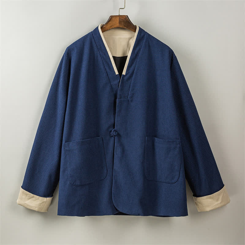 Buddha Stones Chaqueta de hombre de estilo casual otoñal con cuello en V, botones de rana y bolsillos. - image 19