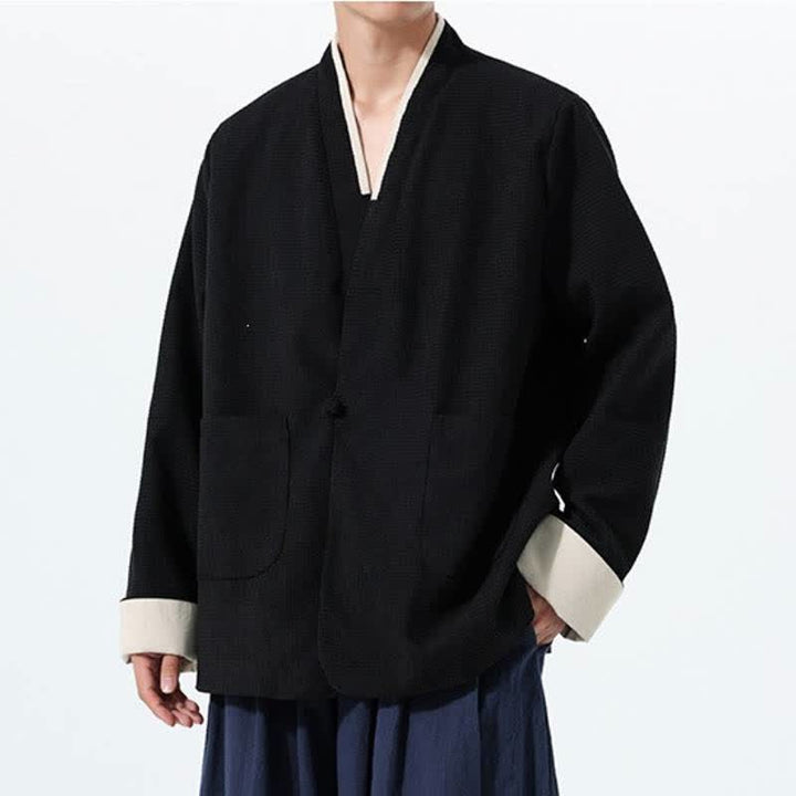 Buddha Stones Chaqueta de hombre de estilo casual otoñal con cuello en V, botones de rana y bolsillos. - image 23