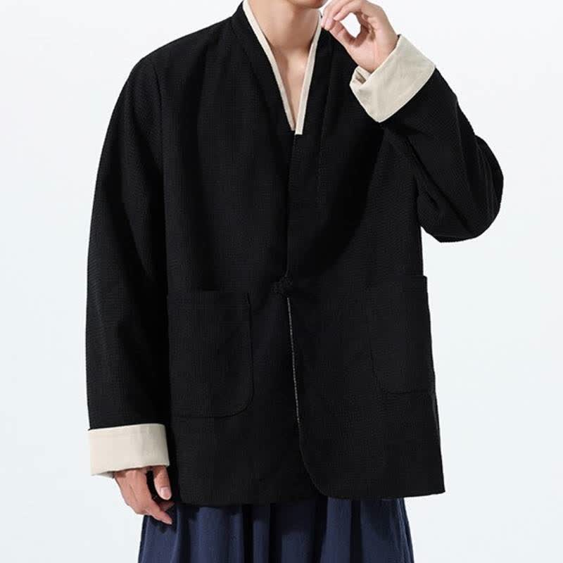 Buddha Stones Chaqueta de hombre de estilo casual otoñal con cuello en V, botones de rana y bolsillos. - image 25