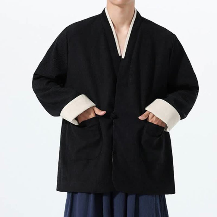 Buddha Stones Chaqueta de hombre de estilo casual otoñal con cuello en V, botones de rana y bolsillos. - image 22