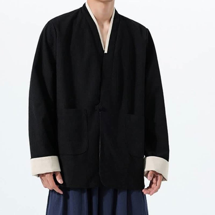 Buddha Stones Chaqueta de hombre de estilo casual otoñal con cuello en V, botones de rana y bolsillos. - image 21