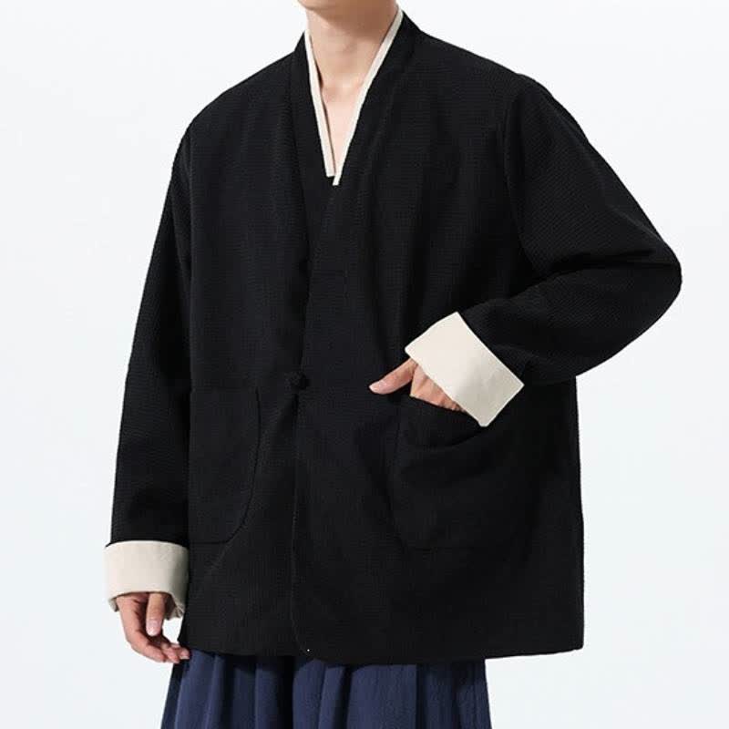 Buddha Stones Chaqueta de hombre de estilo casual otoñal con cuello en V, botones de rana y bolsillos. - image 26
