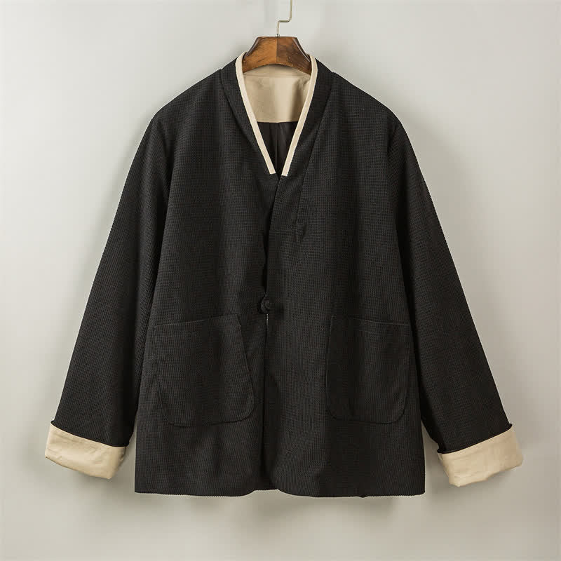 Buddha Stones Chaqueta de hombre de estilo casual otoñal con cuello en V, botones de rana y bolsillos. - image 27