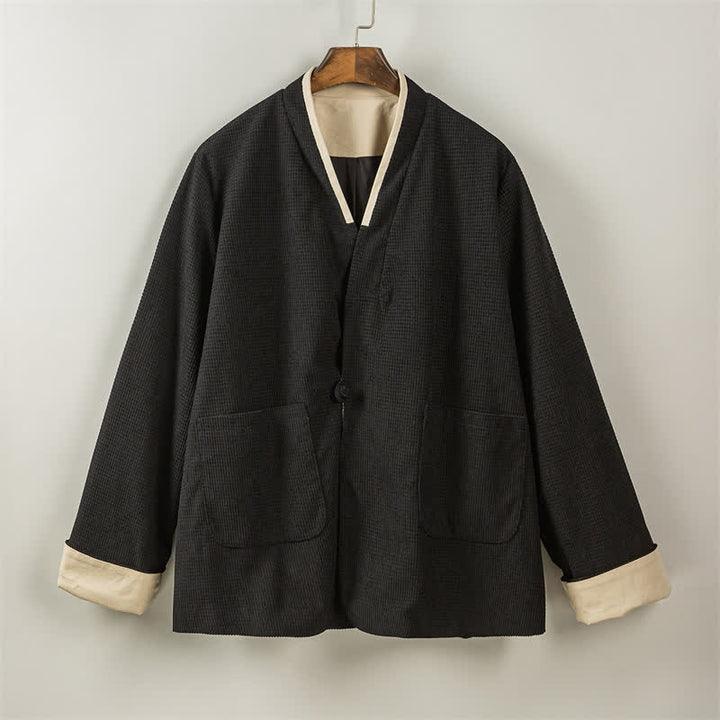 Buddha Stones Chaqueta de hombre de estilo casual otoñal con cuello en V, botones de rana y bolsillos. - image 27