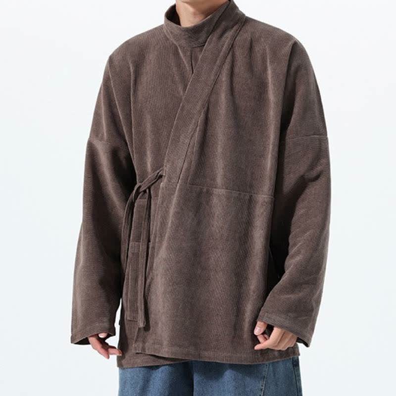 Buddha Stones Kimono de hombre liso estilo Tang casual de otoño/invierno con cuello mandarín y bolsillo. - image 3
