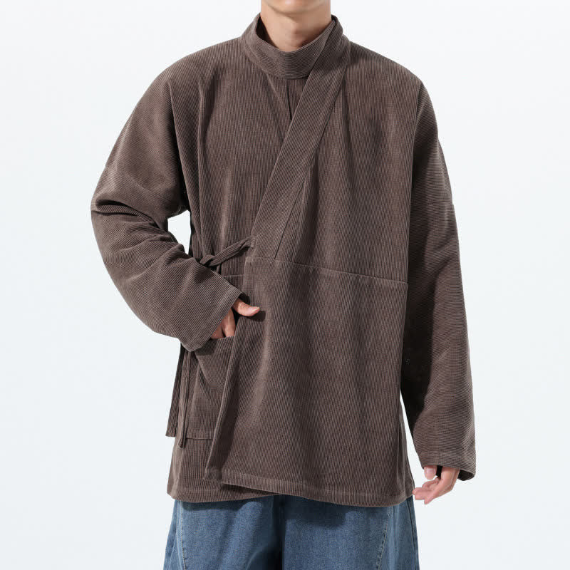 Buddha Stones Kimono de hombre liso estilo Tang casual de otoño/invierno con cuello mandarín y bolsillo. - image 1