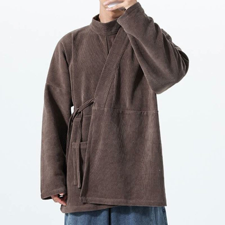 Buddha Stones Kimono de hombre liso estilo Tang casual de otoño/invierno con cuello mandarín y bolsillo. - image 5