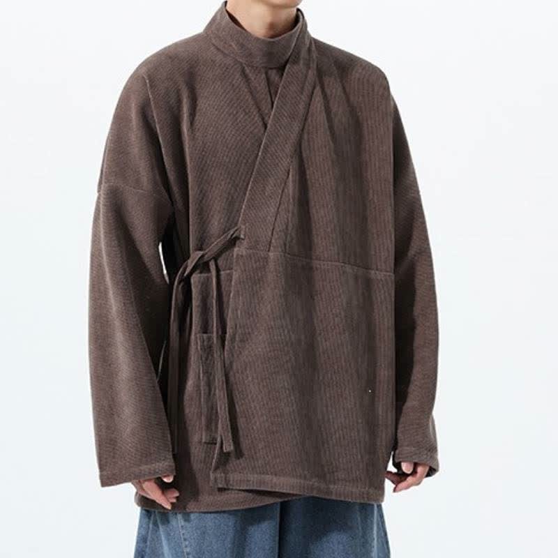 Buddha Stones Kimono de hombre liso estilo Tang casual de otoño/invierno con cuello mandarín y bolsillo. - image 6