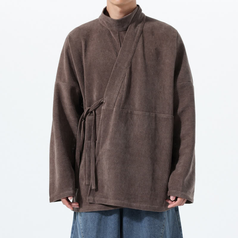 Buddha Stones Kimono de hombre liso estilo Tang casual de otoño/invierno con cuello mandarín y bolsillo. - Marrón silla de montar - US/UK/AU46, EU56 (5XL) - image 0
