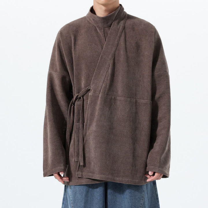 Buddha Stones Kimono de hombre liso estilo Tang casual de otoño/invierno con cuello mandarín y bolsillo. - Marrón silla de montar - US/UK/AU46, EU56 (5XL) - image 0