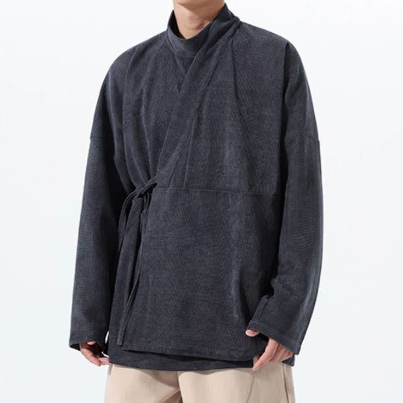 Buddha Stones Kimono de hombre liso estilo Tang casual de otoño/invierno con cuello mandarín y bolsillo. - image 9
