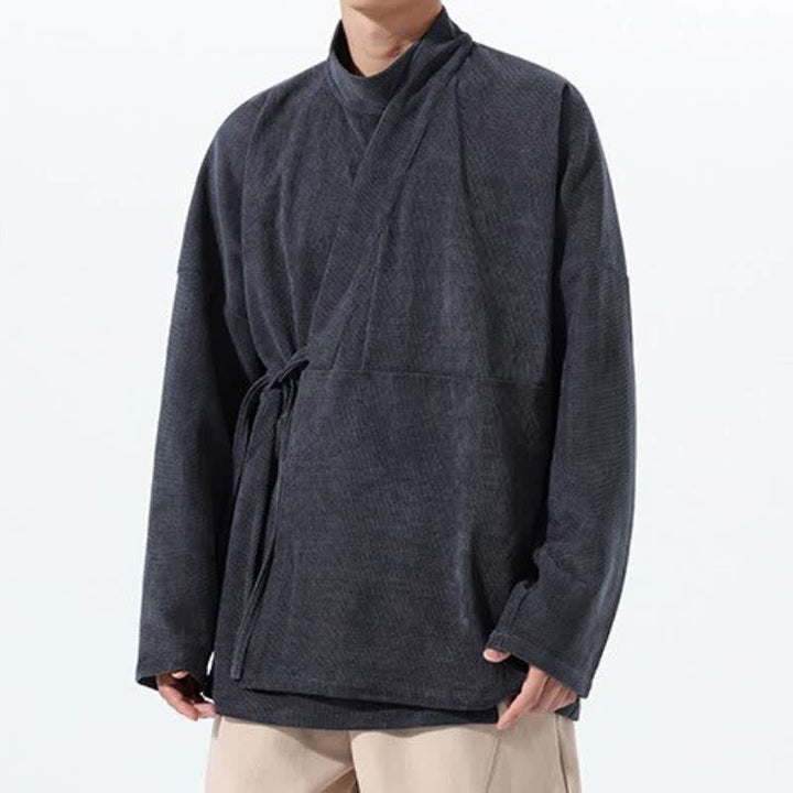 Buddha Stones Kimono de hombre liso estilo Tang casual de otoño/invierno con cuello mandarín y bolsillo. - image 9