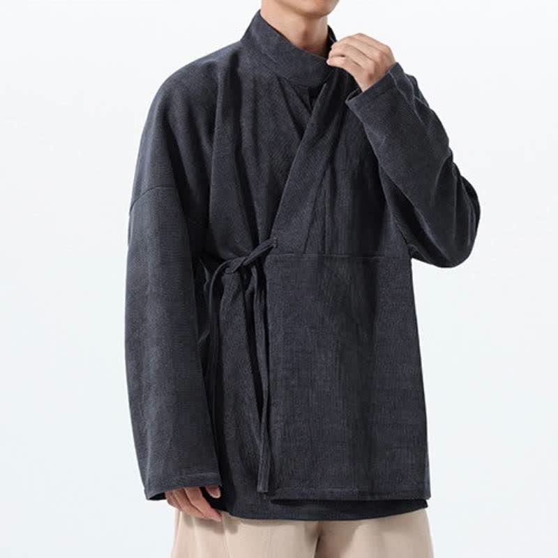 Buddha Stones Kimono de hombre liso estilo Tang casual de otoño/invierno con cuello mandarín y bolsillo. - image 8