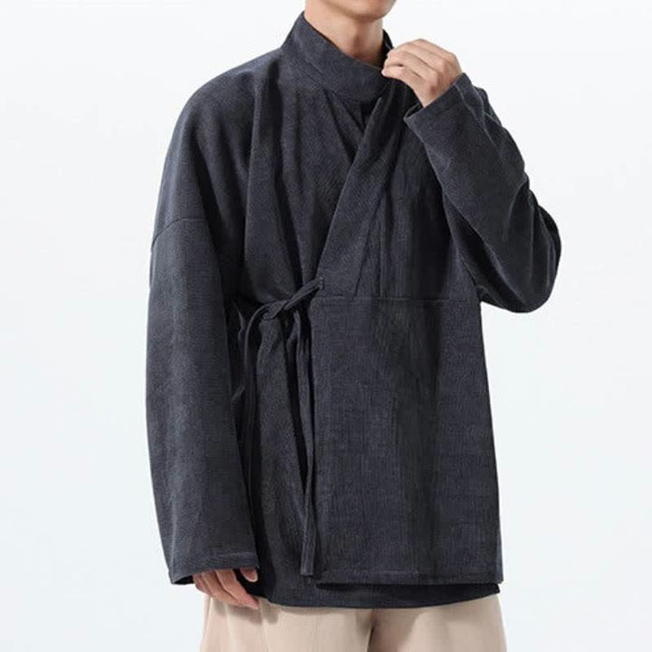 Buddha Stones Kimono de hombre liso estilo Tang casual de otoño/invierno con cuello mandarín y bolsillo. - image 8
