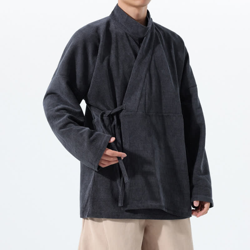 Buddha Stones Kimono de hombre liso estilo Tang casual de otoño/invierno con cuello mandarín y bolsillo. - image 12