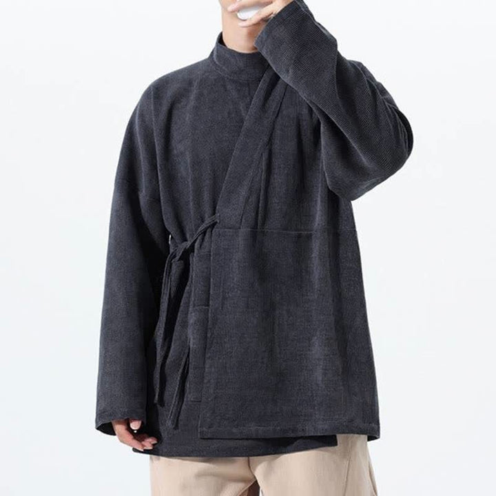 Buddha Stones Kimono de hombre liso estilo Tang casual de otoño/invierno con cuello mandarín y bolsillo. - image 10