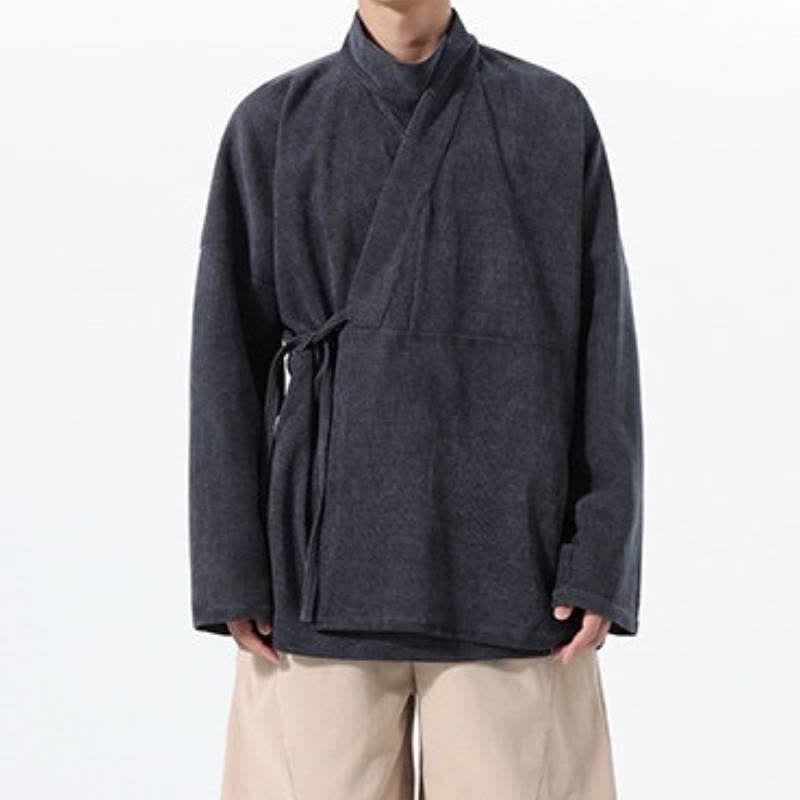 Buddha Stones Kimono de hombre liso estilo Tang casual de otoño/invierno con cuello mandarín y bolsillo. - image 13