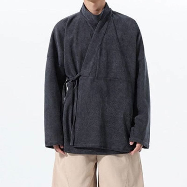 Buddha Stones Kimono de hombre liso estilo Tang casual de otoño/invierno con cuello mandarín y bolsillo. - image 13