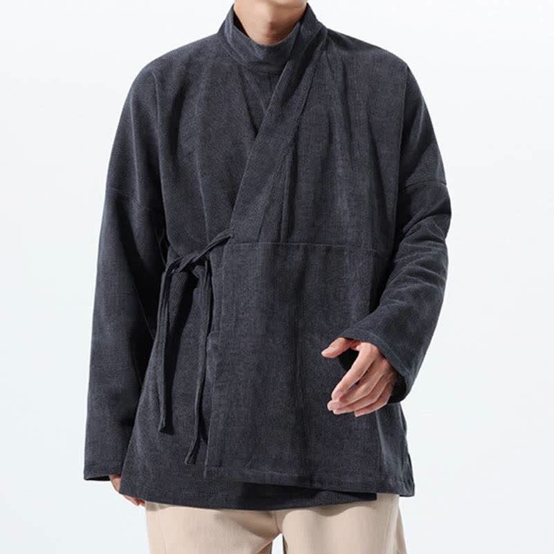 Buddha Stones Kimono de hombre liso estilo Tang casual de otoño/invierno con cuello mandarín y bolsillo. - image 11