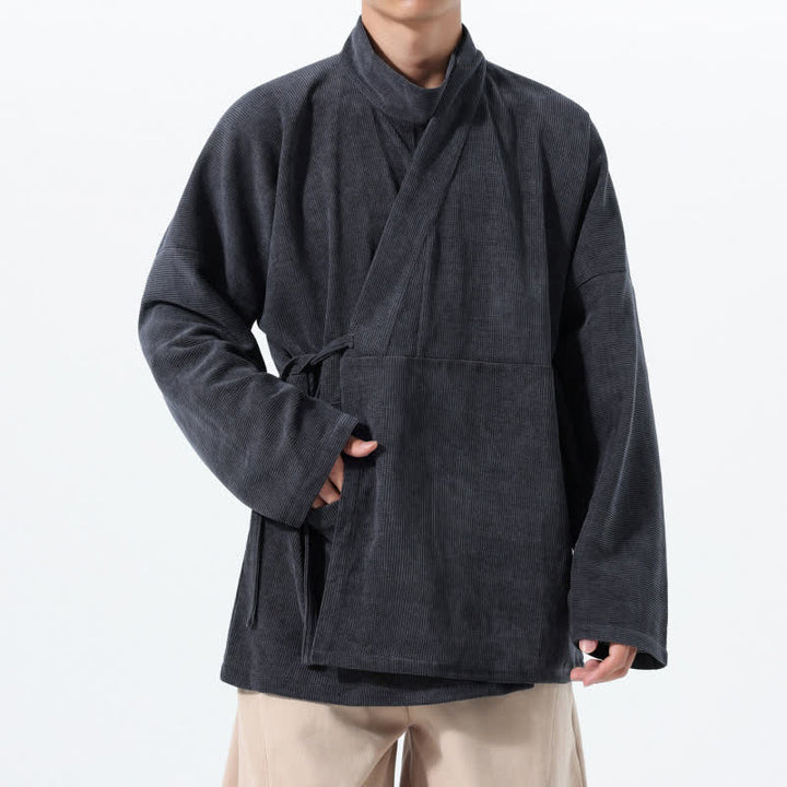 Buddha Stones Kimono de hombre liso estilo Tang casual de otoño/invierno con cuello mandarín y bolsillo. - Gris oscuro - US/UK/AU46, EU56 (5XL) - image 7