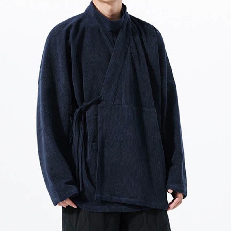 Buddha Stones Kimono de hombre liso estilo Tang casual de otoño/invierno con cuello mandarín y bolsillo. - Marina de guerra - US/UK/AU46, EU56 (5XL) - image 15