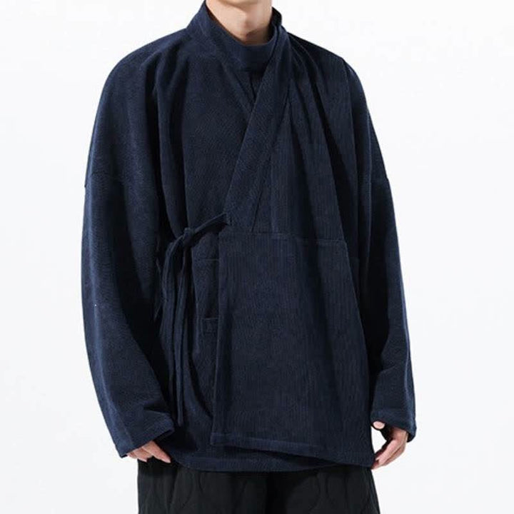 Buddha Stones Kimono de hombre liso estilo Tang casual de otoño/invierno con cuello mandarín y bolsillo. - Marina de guerra - US/UK/AU46, EU56 (5XL) - image 15