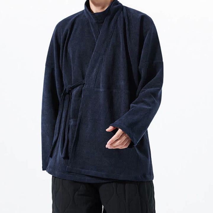 Buddha Stones Kimono de hombre liso estilo Tang casual de otoño/invierno con cuello mandarín y bolsillo. - image 18