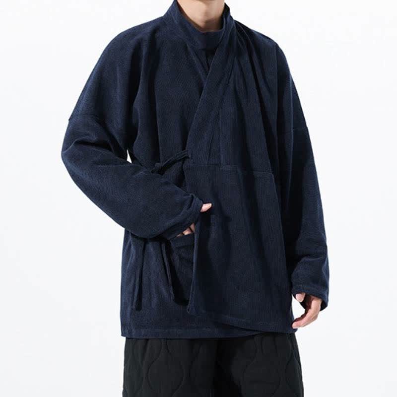 Buddha Stones Kimono de hombre liso estilo Tang casual de otoño/invierno con cuello mandarín y bolsillo. - image 19