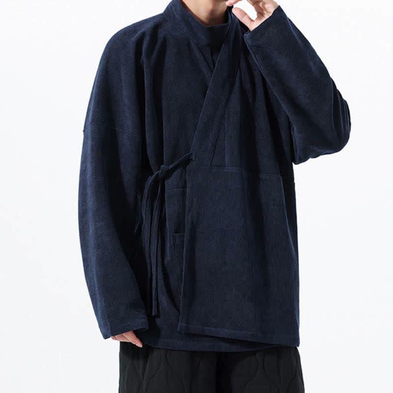 Buddha Stones Kimono de hombre liso estilo Tang casual de otoño/invierno con cuello mandarín y bolsillo. - image 17