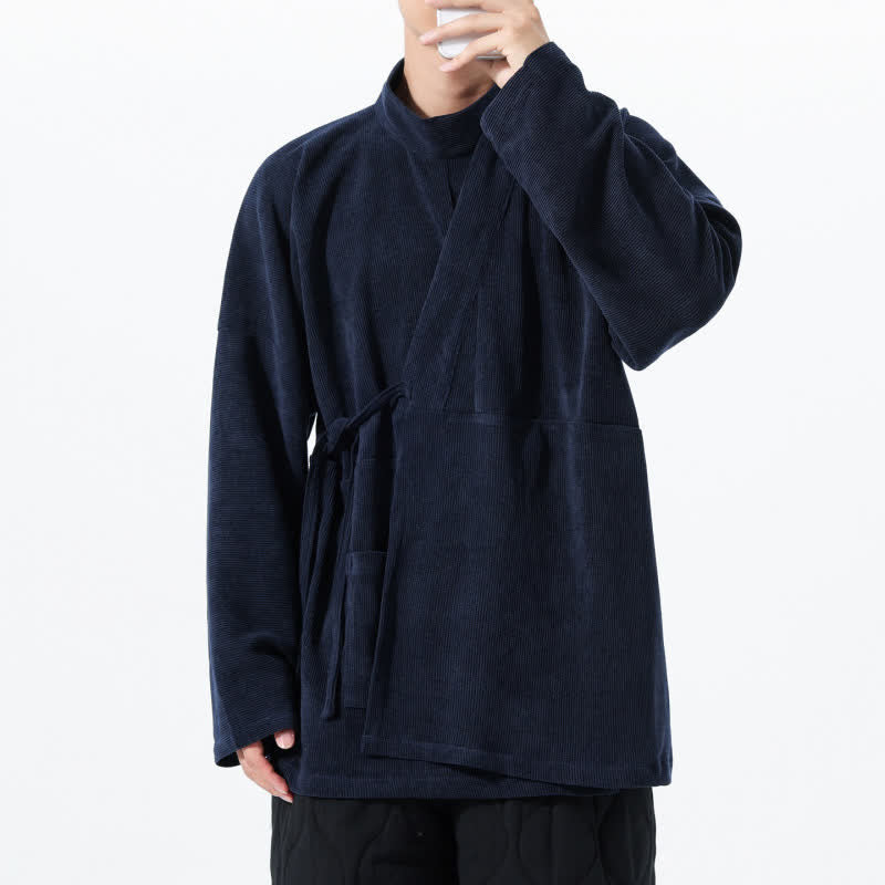 Buddha Stones Kimono de hombre liso estilo Tang casual de otoño/invierno con cuello mandarín y bolsillo. - image 22
