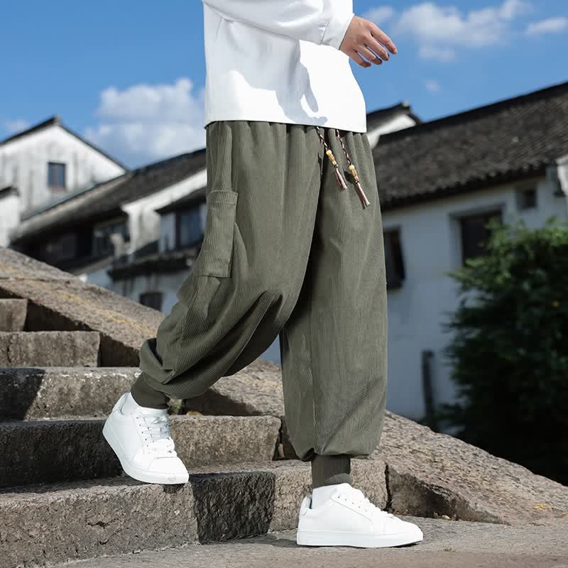Buddha Stones Pantalones tobilleros de corte recto, estilo vintage, con cordón ajustable, para hombre, ideales para otoño e invierno. - Verde oliva - US/UK/AU46, EU56 (5XL) - image 0