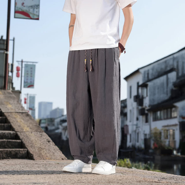 Buddha Stones Pantalones largos casuales retro de color liso para hombre, estilo primavera-otoño, con pierna recta y bolsillos. - image 2