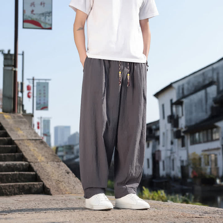 Buddha Stones Pantalones largos casuales retro de color liso para hombre, estilo primavera-otoño, con pierna recta y bolsillos. - image 1