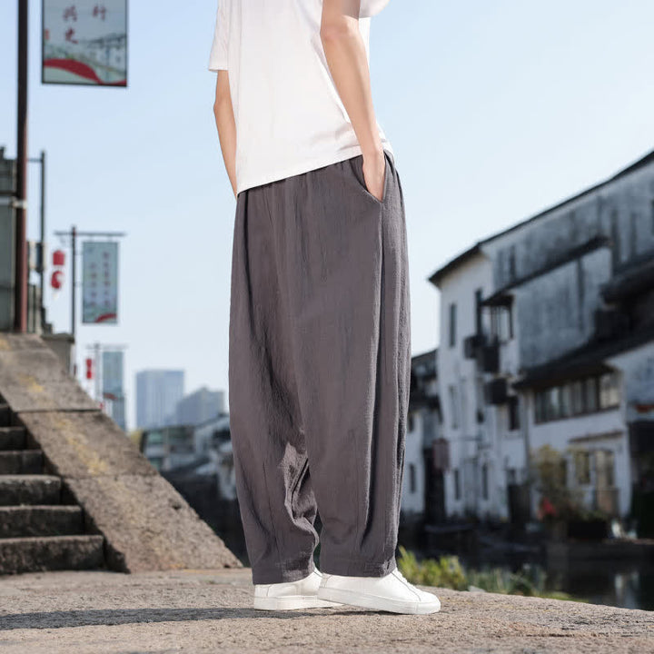 Buddha Stones Pantalones largos casuales retro de color liso para hombre, estilo primavera-otoño, con pierna recta y bolsillos. - image 4